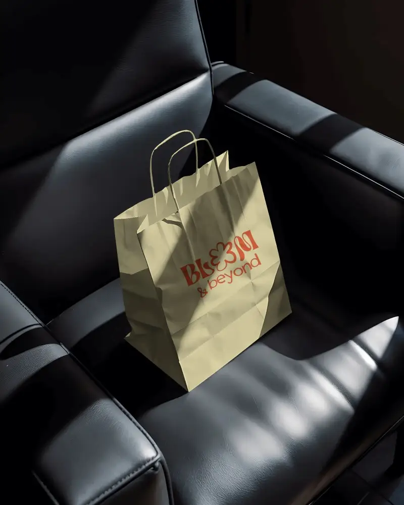 Ecofriendly Paper Bag Mockup On Leather Chair Flatlay Minimalist Packaging Template