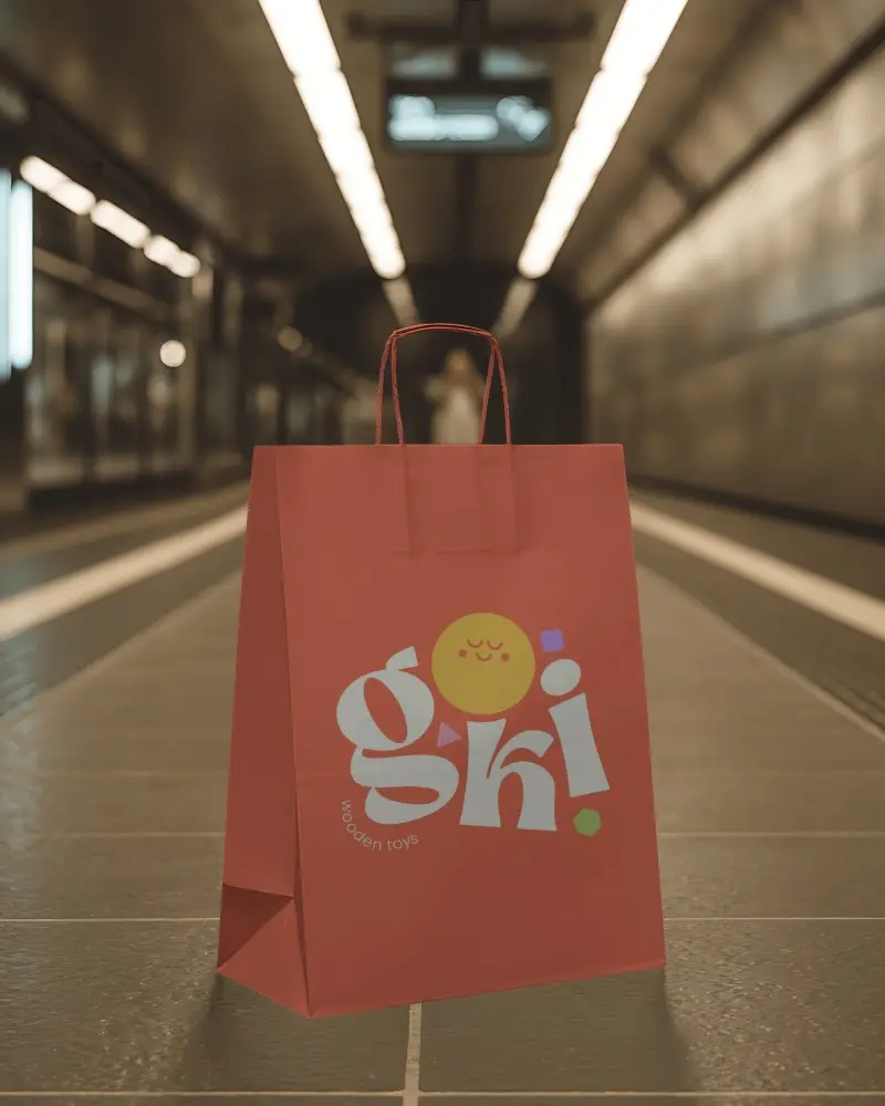 Shopping Paper Bag Mockup Standing On Floor Underground Station Urban Setting
