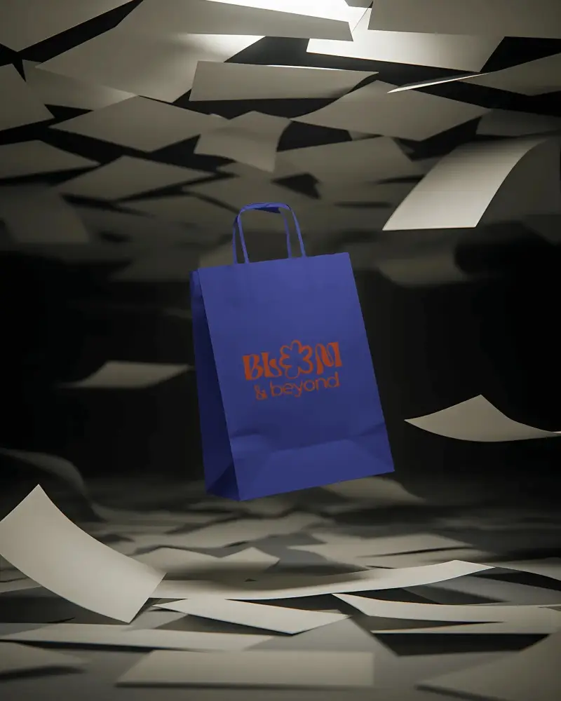 Premium Paper Bag Mockup Floating Amidst Scattered Sheets For Branding Presentation Use