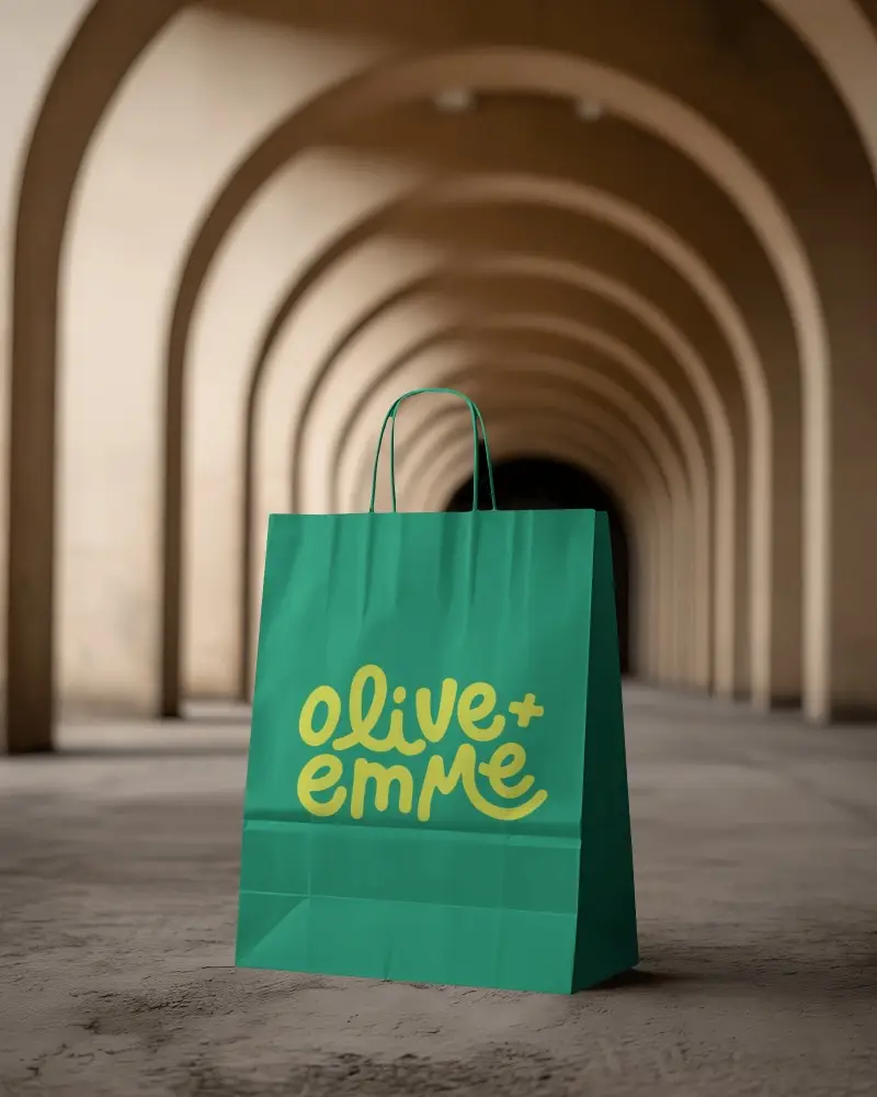 Premium Paper Bag Mockup Arched Walkway Minimal Lifestyle Branding Scene