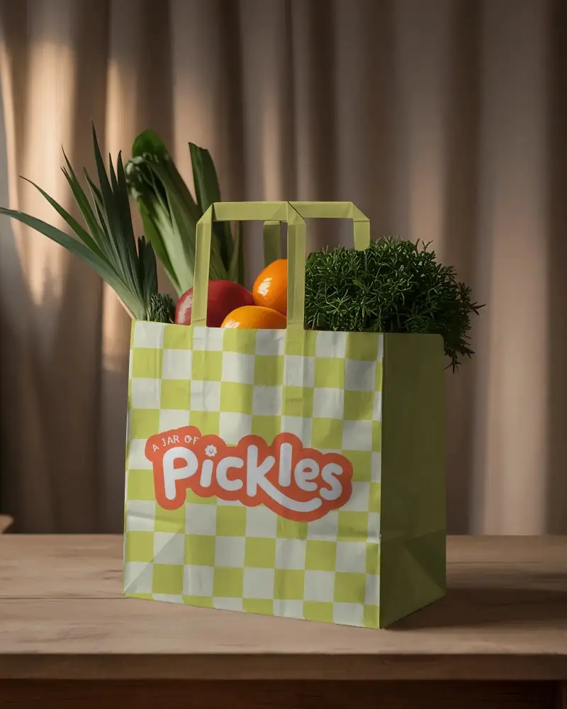 Reusable Paper Bag Mockup With Plant And Fruit Storage For Organic Market Packaging