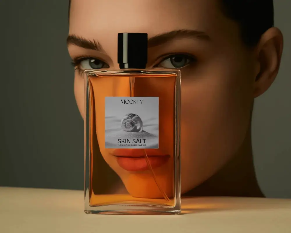 Luxury Amber Glass Perfume Bottle Mockup Close Up Female Face Background Soft Lighting