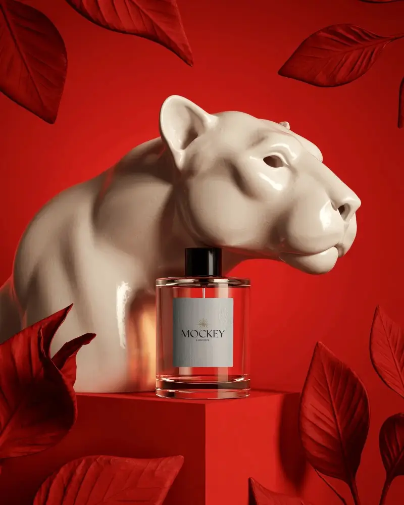 Luxury Perfume Mockup With White Panther Sculpture Bold Red Background Modern Art Style