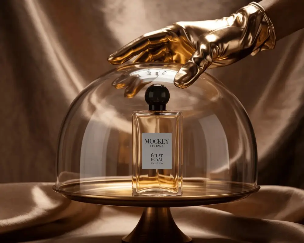 Luxury Perfume Mockup Glass Cloche Display With Golden Hand And Silk Fabric Background