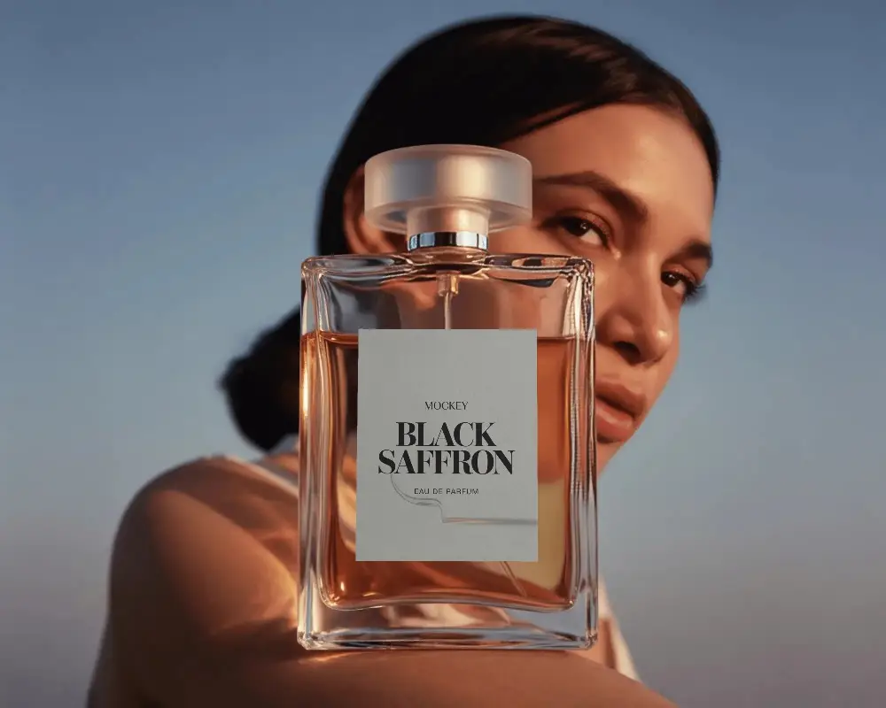 Luxury Perfume Mockup Glass Bottle Held Close To Face With Natural Light And Soft Sky