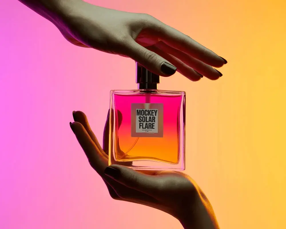 Vibrant Perfume Mockup Gradient Background With Hands Holding Glass Bottle Modern Style