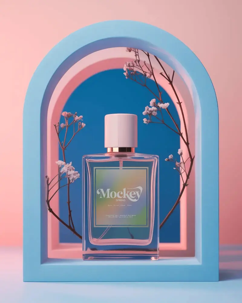 Elegant Minimalist Perfume Bottle Mockup With Floral Arch Display For Beauty Product Promo