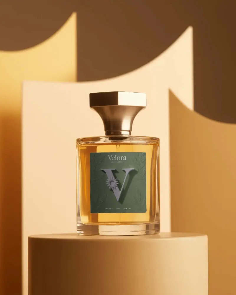 Premium Glass Perfume Bottle Mockup With Metallic Cap On Stylish Modern Background Mockup