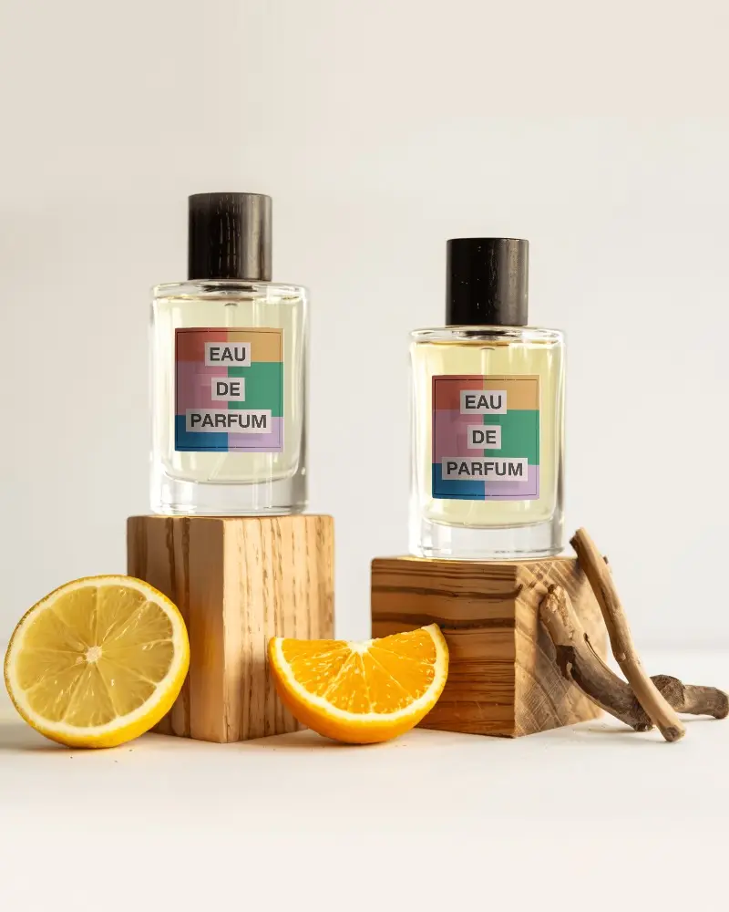Citrus Essence Perfume Bottle Mockup On Wood Block With Fruit Slices And Wood Sticks