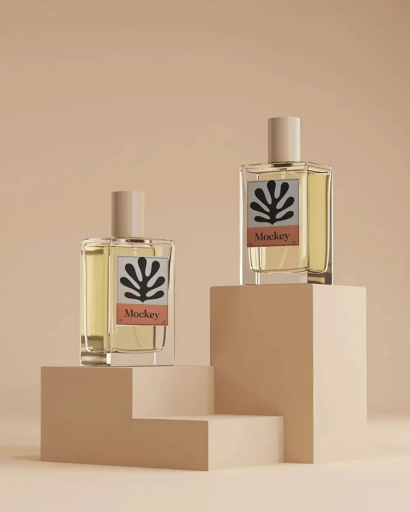 Elegant Minimalist Perfume Bottle Mockup On Geometric Podium For Luxury Brand Presentation