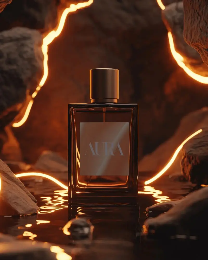 Luxury Perfume Mockup Amber Bottle In Volcanic Rock Scene With Glowing Lava Lighting