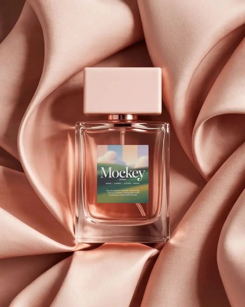 Luxury Perfume Mockup Glass Bottle On Soft Silk Fabric With Blush Pink Elegant Texture