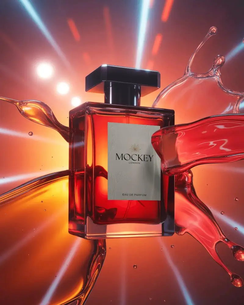 Luxury Perfume Mockup Red Glass Bottle With Dynamic Liquid Splash And Bright Light Rays