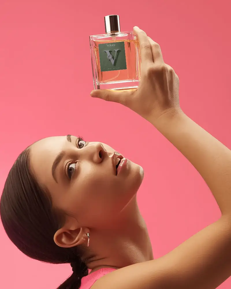 Luxury Perfume Bottle Mockup Presented In Elegant Female Hand For Branding And Marketing