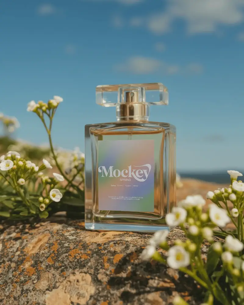 Elegant Glass Perfume Bottle Mockup On Nature Inspired Flowers Background With Clear Sky