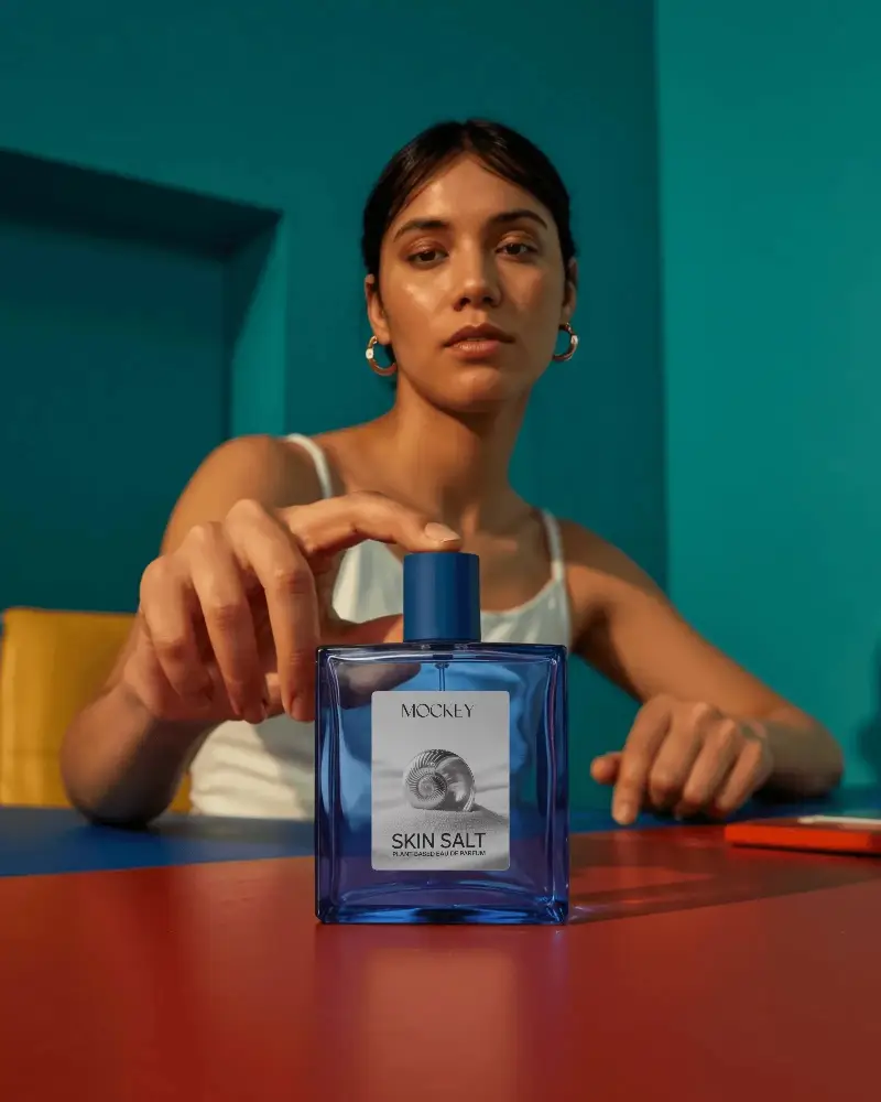 Luxury Glass Perfume Bottle Mockup On Modern Minimalist Tabletop Presentation