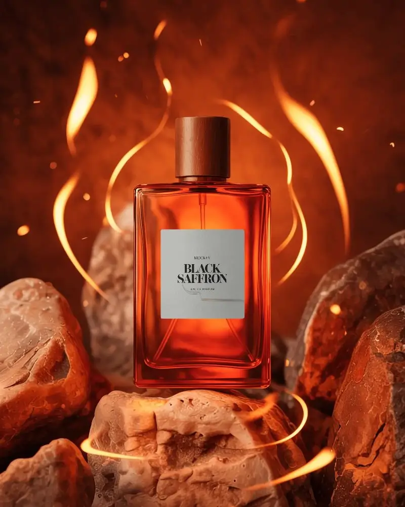 Elegant Wood Capped Perfume Mockup Placed Among Natural Stones And Firelight