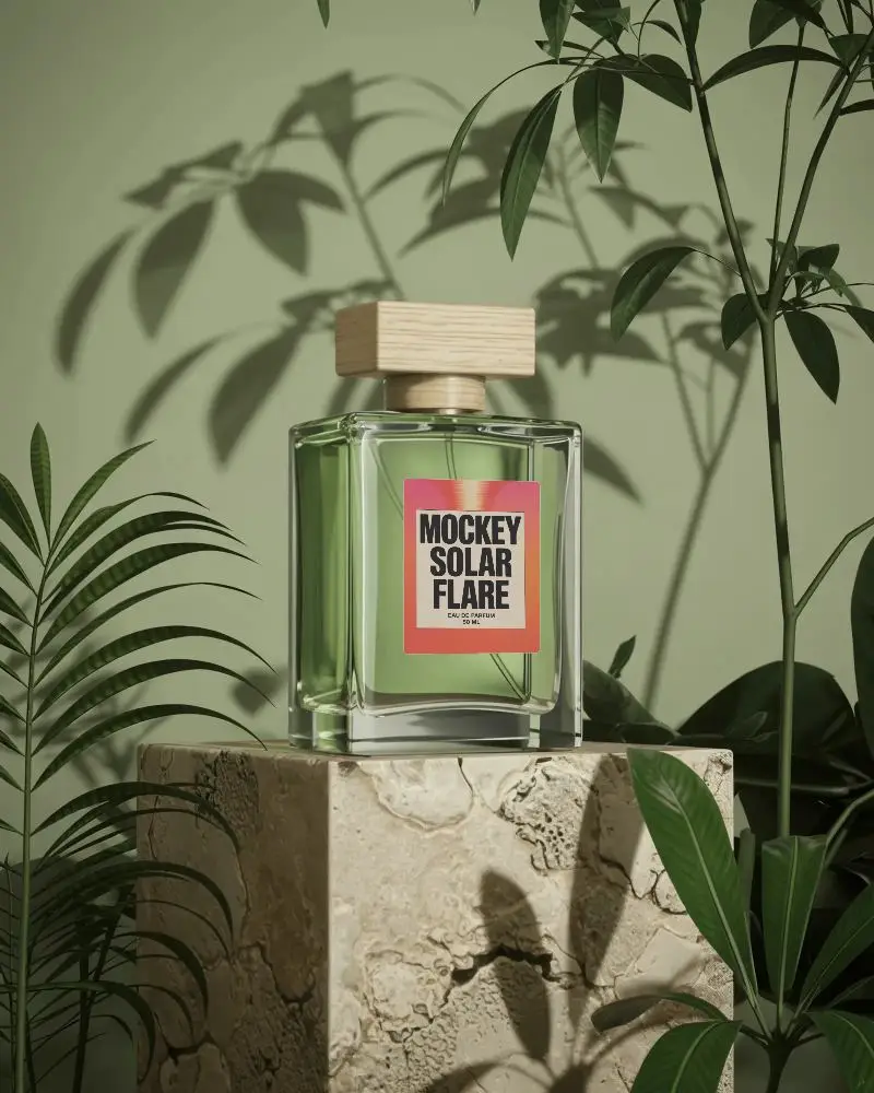 Luxury Perfume Mockup With Wooden Cap And Label On Textured Stone Pedestal Nature Theme