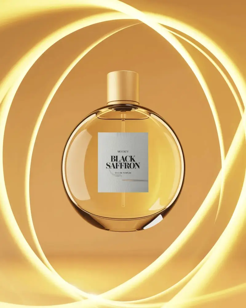 Luxury Perfume Mockup Round Gold Glass Bottle With Glowing Light Ribbons Background