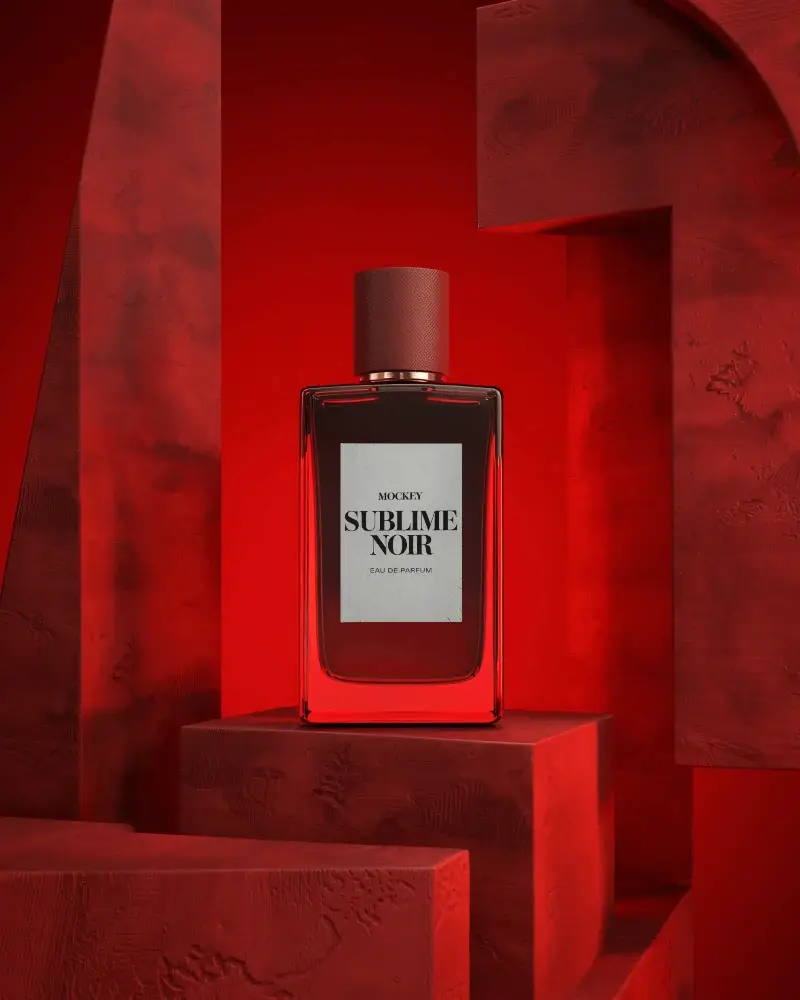 Luxury Perfume Mockup Red Glass Bottle On Geometric Pedestal With Bold Monochrome Background