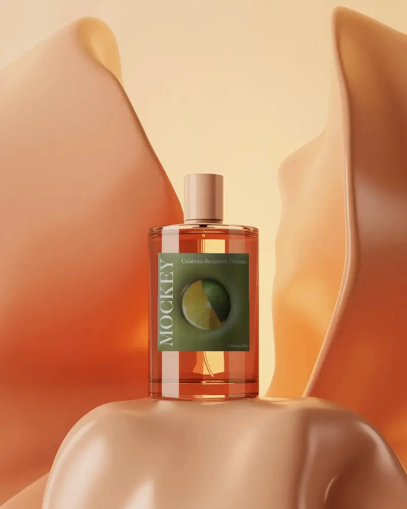 Luxury Perfume Mockup Amber Glass Bottle With Fluid Organic Shapes And Soft Warm Gradient