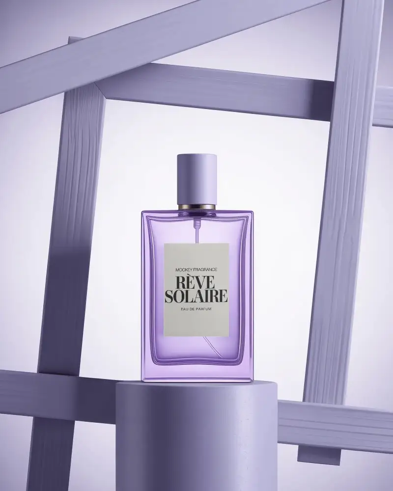 Luxury Perfume Mockup Lavender Glass Bottle With Abstract Wooden Frame Background