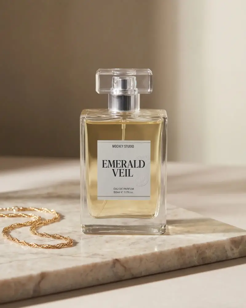 Luxury Perfume Bottle Mockup On Marble Surface With Elegant Gold Accessory Display