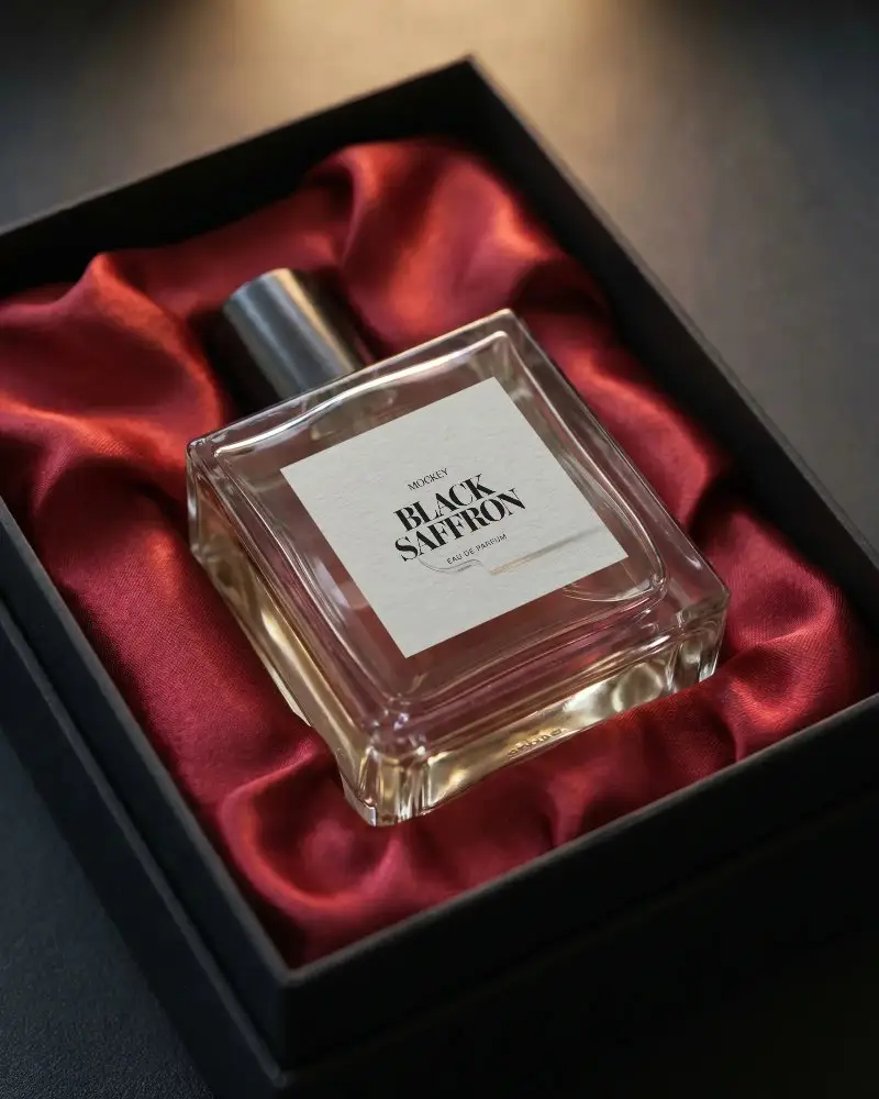 Luxury Perfume Mockup In Elegant Packaging With Soft Satin Lined Box Ideal For Branding