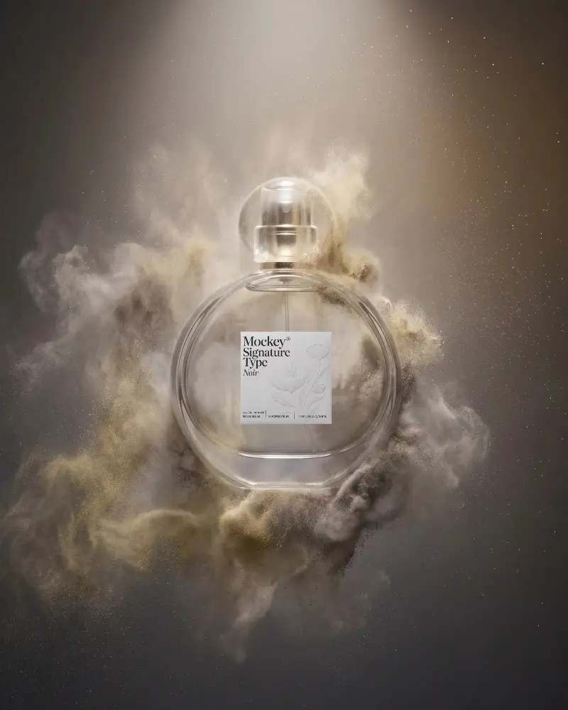 Luxury Perfume Mockup Surrounded By Fine Dust Powder Effect Showcasing Elegance