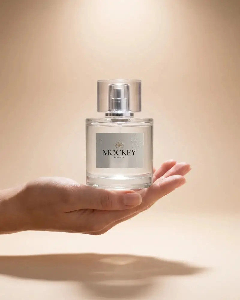 Elegant Handheld Perfume Mockup Showcasing Luxury Fragrance Packaging Design