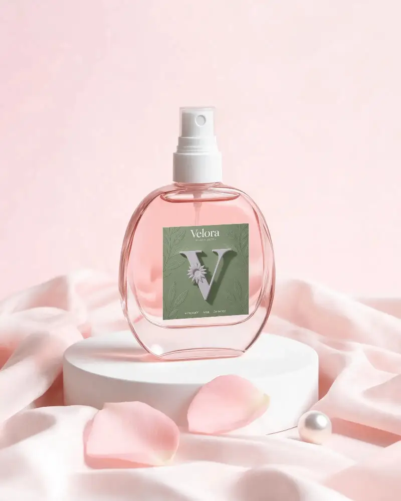 Elegant Perfume Bottle Mockup On Soft Fabric With Petal Decoration For Brand Presentation