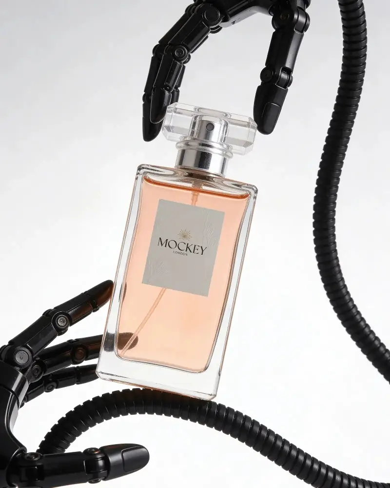 Robotic Arms Showcasing Elegant Perfume Bottle With Clear Glass And Simple Label