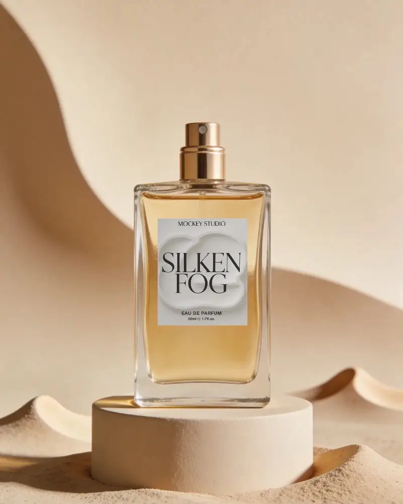 Elegant Perfume Spray Bottle On Minimalist Sand Texture For Luxury Fragrance Display