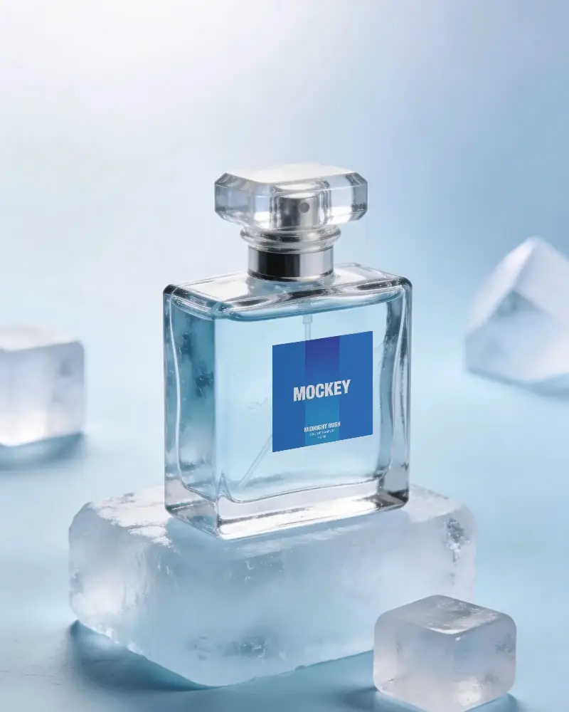 Elegant Glass Perfume Bottle With Fragrant Liquid On Clear Ice Blocks Cold Fresh Appeal
