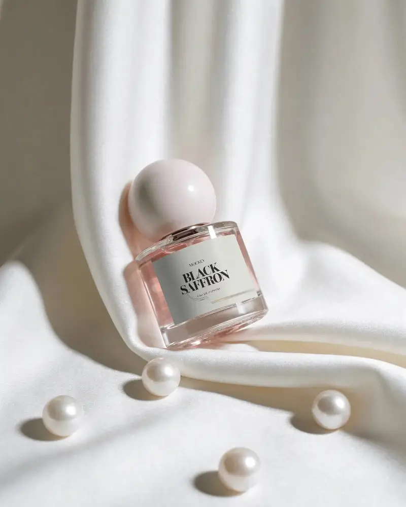 Luxury Fragrance Bottle Mockup With Minimalist Design And Pearl Decoration On Silk