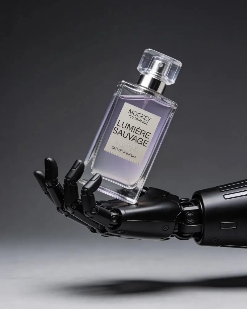Hightech Robotic Arm Presenting Luxury Perfume Mockup For Cuttingedge Product Promotion