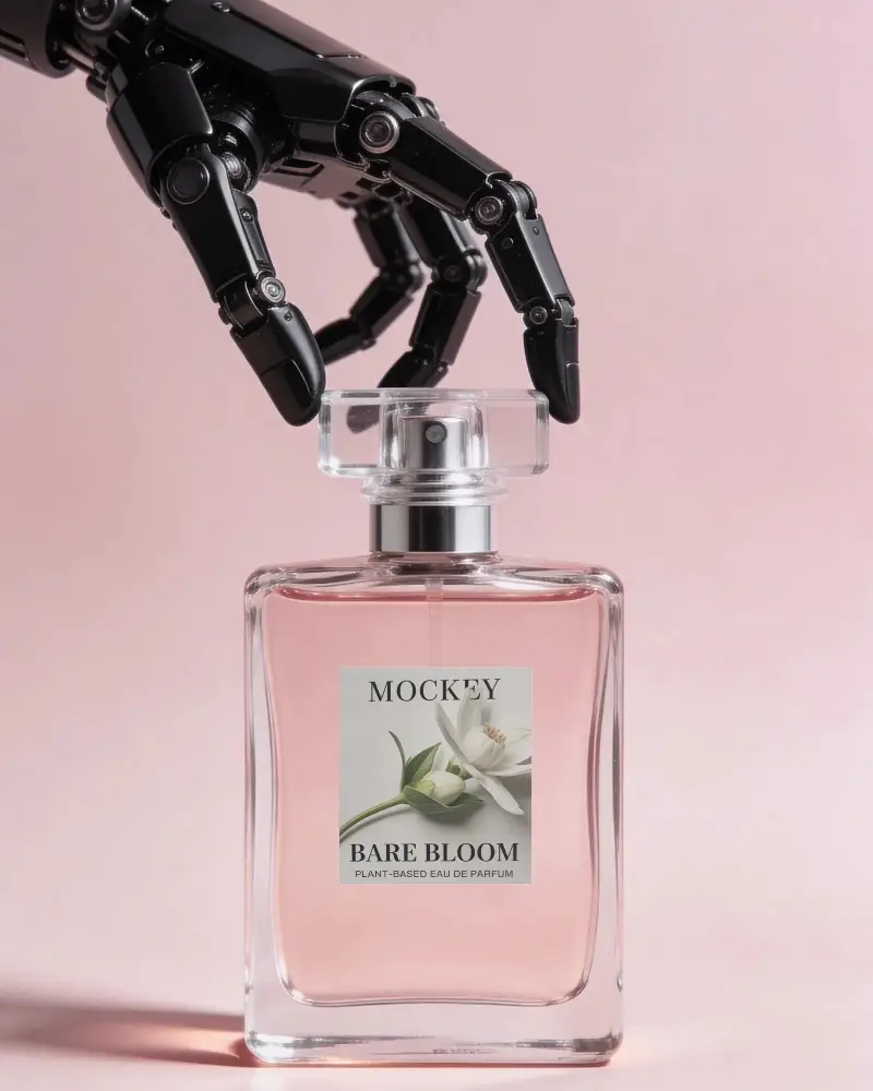 Futuristic Robotic Hand Holding Elegant Glass Perfume Bottle With Spray Nozzle