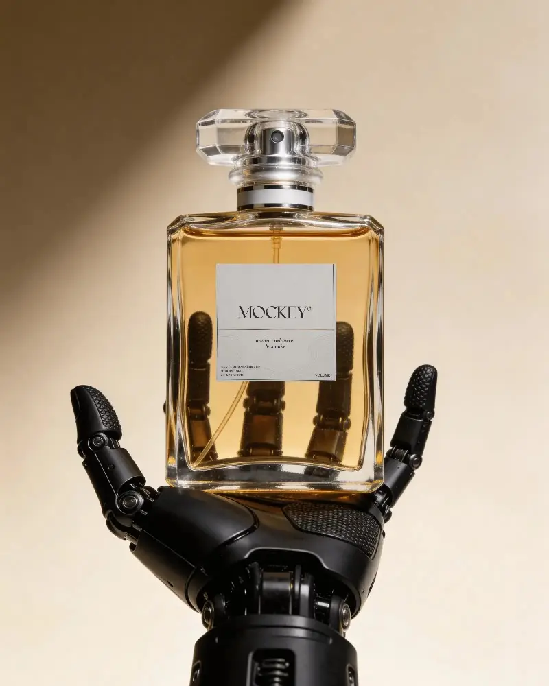 Luxury Perfume Bottle Held By Futuristic Robotic Hand Elegant Fragrance Mockup Design
