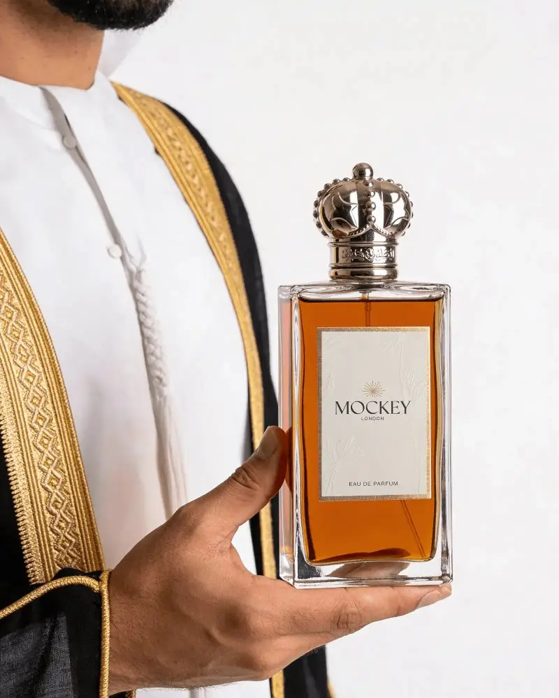 Luxurious Arabian Perfume Mockup With Clear Glass Bottle And Oriental Crown Cap Idea