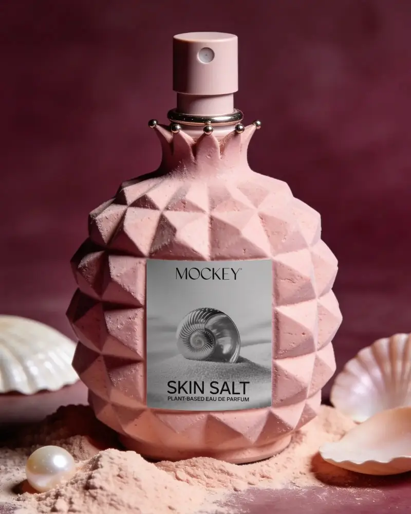 Luxury Textured Perfume Bottle Mockup With Blank Label Shells And Pearl Decor For Elegant