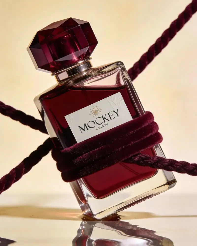 Luxury Perfume Bottle Mockup With Glass Cap And Elegant Velvet Rope Styling For Brand Presentation