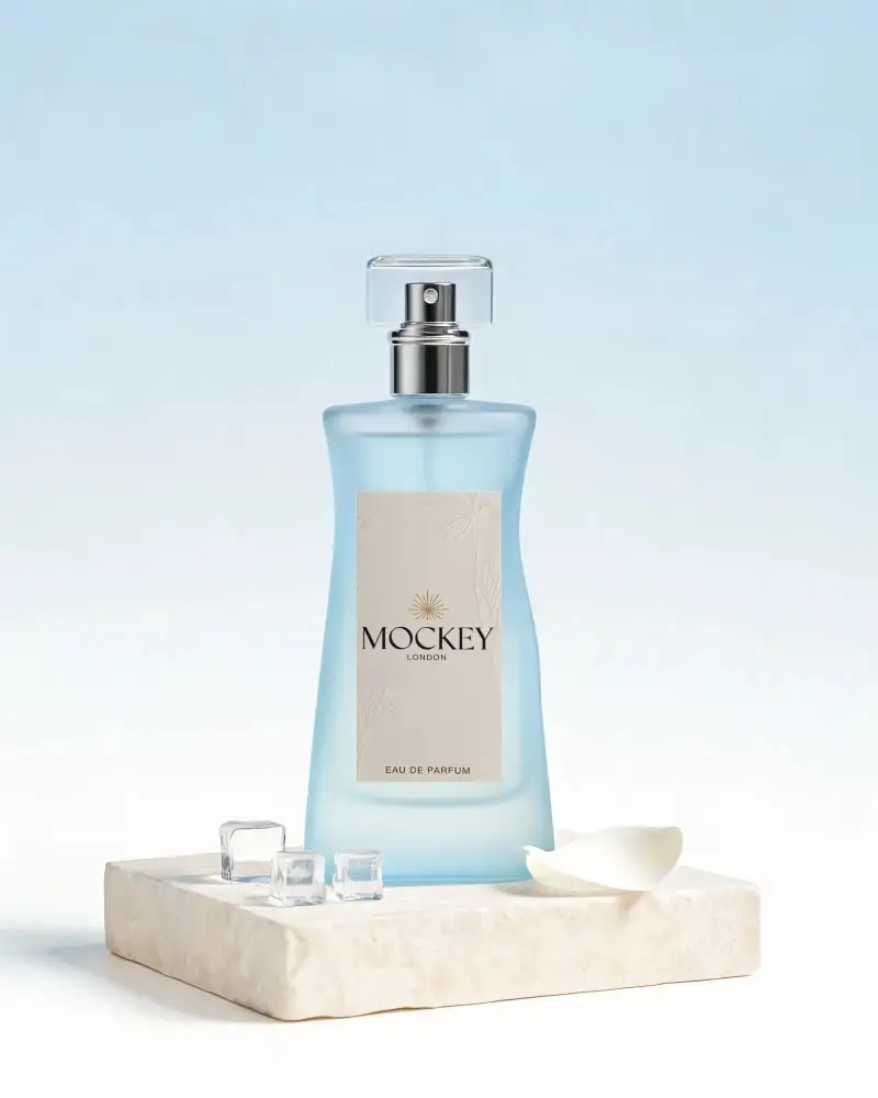 Cool Fresh Scented Perfume Bottle Mockup On Stone Display With Ice Cubes And Petal