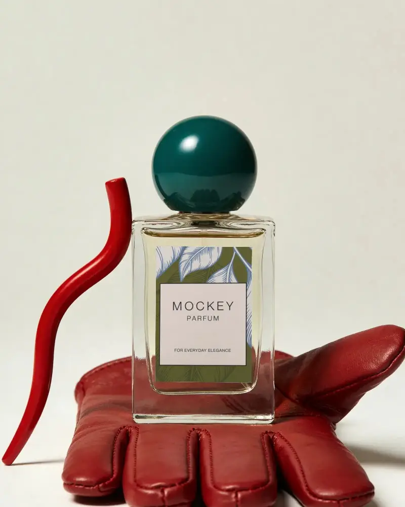 Luxury Perfume Bottle Mockup With Unique Cap Design And Leather Glove Accessory Display