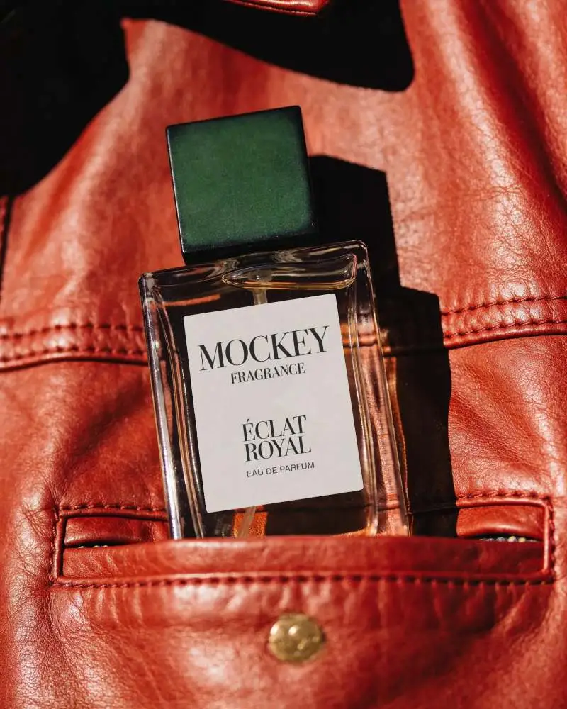 Elegant Clear Glass Perfume Bottle Mockup With Minimalist Label In Leather Pocket Fashion