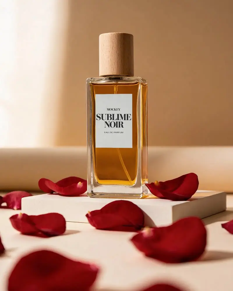 Elegant Perfume Bottle Mockup With Wooden Cap Surrounded By Rose Petals On Neutral Background