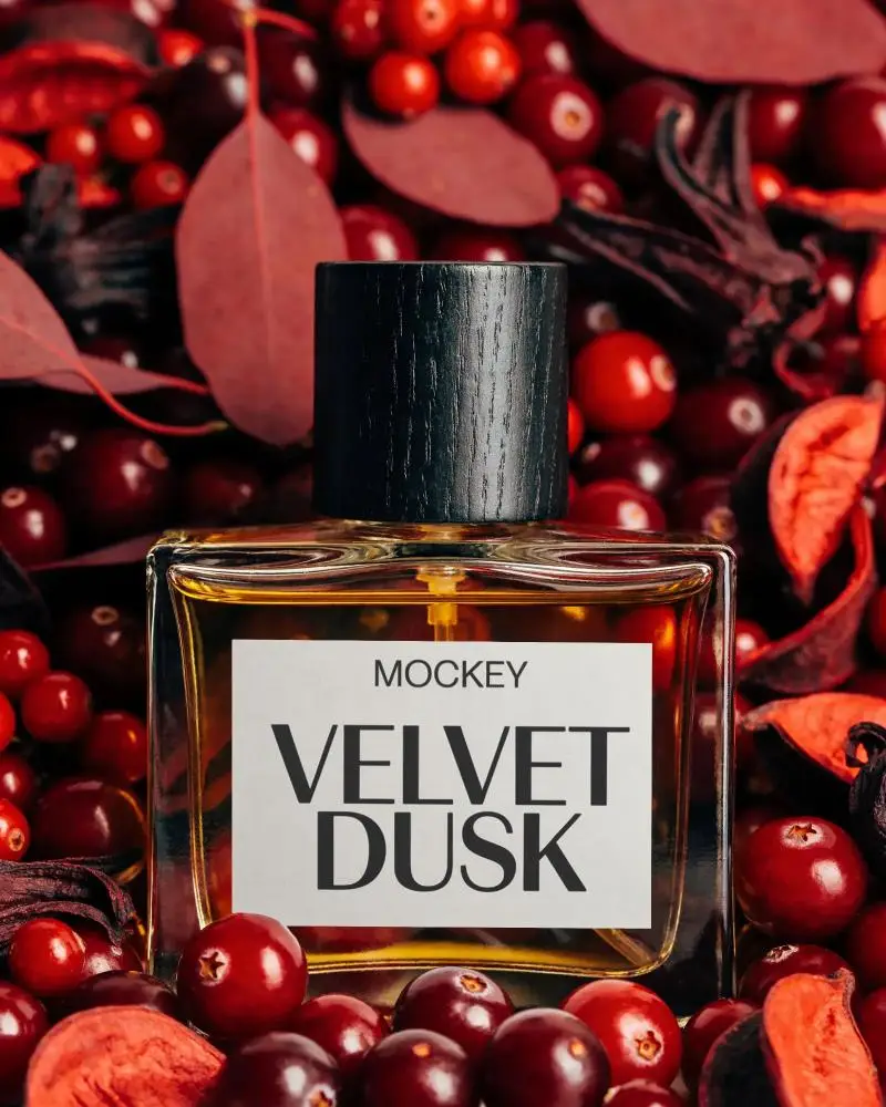 Luxury Fragrance Mockup With Clear Glass Bottle And Wooden Cap In Nature Inspired Setting