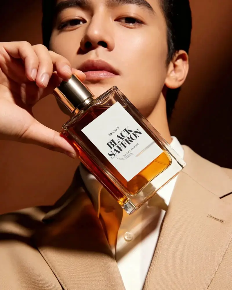 Luxury Perfume Bottle Mockup With Elegant Suit Fashionable Mens Fragrance Packaging