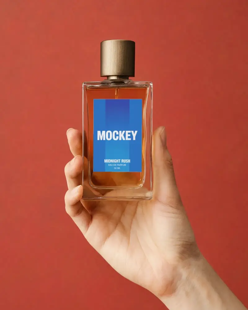 Hand Holding Elegant Glass Perfume Bottle Mockup With Minimalist Label Design