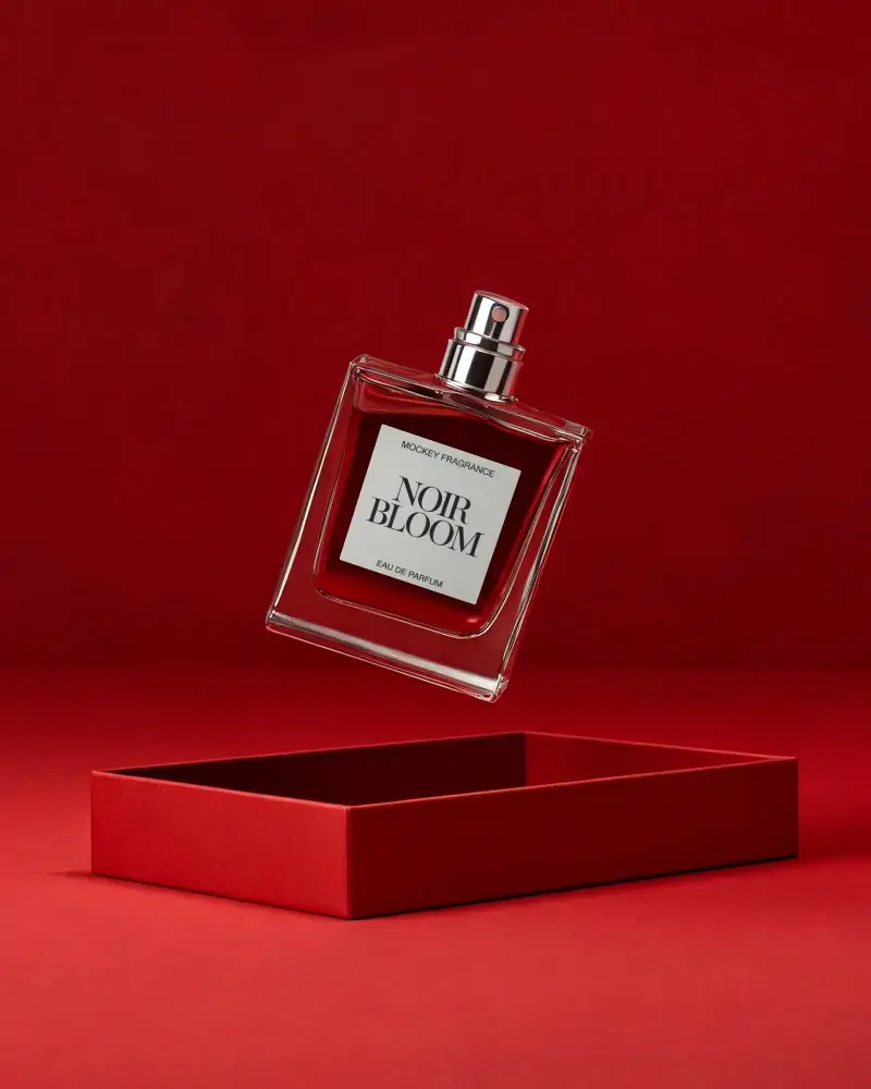 Elegant Minimalist Perfume Bottle Mockup Floating Over Open Gift Box Luxury Packaging