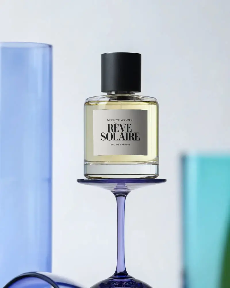 Elegant Minimalist Perfume Bottle Mockup On Glass Stand For Luxury Fragrance Display